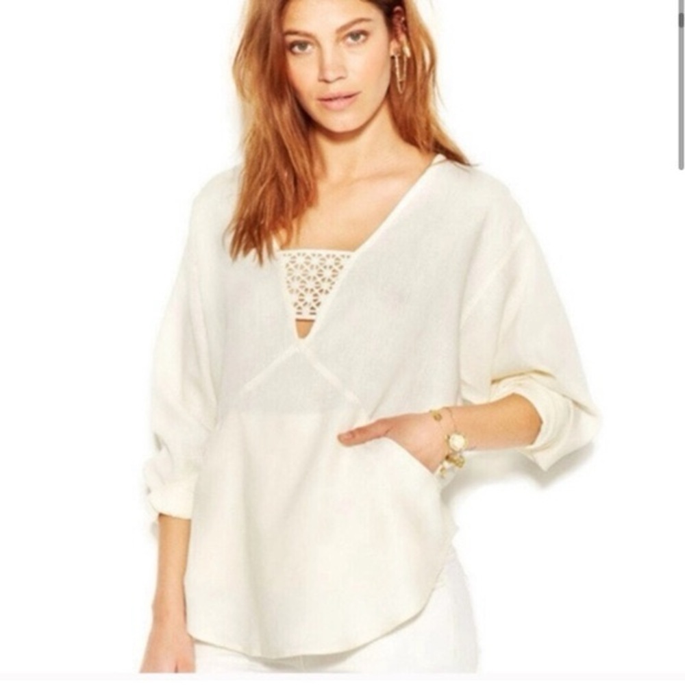 FREE PEOPLE Boho Linen Just Cruisin Pullover Blouse V-Neck in Ivory Size XS - Picture 1 of 13
